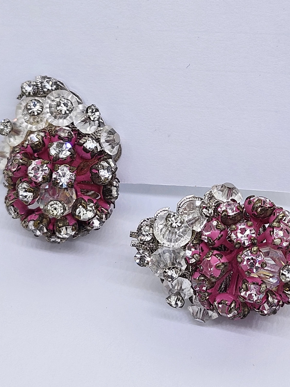 Vintage Signed Vendome Pink/Fuschia White Crystal Rhinestone Earrings Screwback